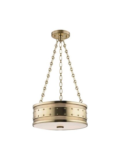 Gaines 3-Light Pendant in Aged Brass.